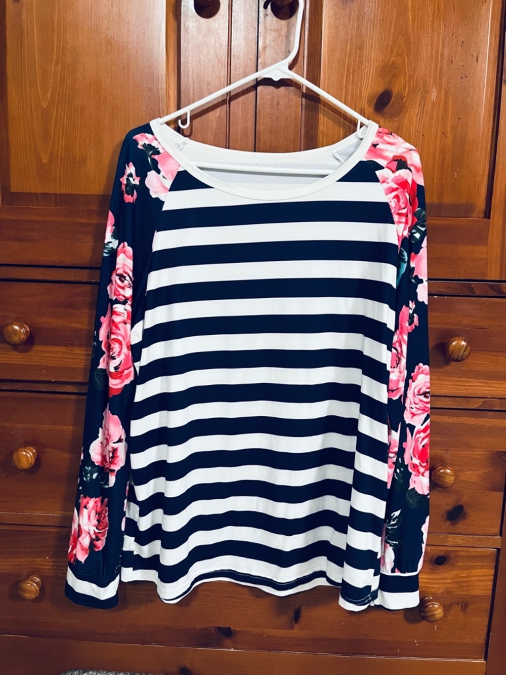 Cute! Navy & White Striped Top with Pink Floral Sleeves - XL